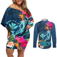 Hawaii Couples Matching Off Shoulder Short Dress and Long Sleeve Button Shirt Whale Mix Hibiscus and Kanaka Maoli Blue Version LT03 Blue - Polynesian Pride