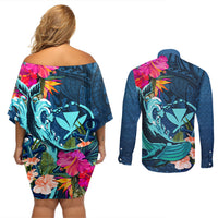 Hawaii Couples Matching Off Shoulder Short Dress and Long Sleeve Button Shirt Whale Mix Hibiscus and Kanaka Maoli Blue Version LT03 - Polynesian Pride