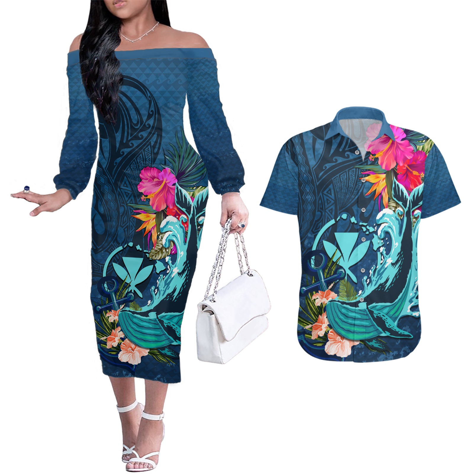 Hawaii Couples Matching Off The Shoulder Long Sleeve Dress and Hawaiian Shirt Whale Mix Hibiscus and Kanaka Maoli Blue Version LT03 Blue - Polynesian Pride