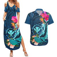 Hawaii Couples Matching Summer Maxi Dress and Hawaiian Shirt Whale Mix Hibiscus and Kanaka Maoli Blue Version LT03 Blue - Polynesian Pride