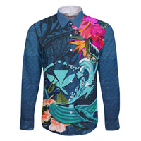 Hawaii Family Matching Off Shoulder Short Dress and Hawaiian Shirt Whale Mix Hibiscus and Kanaka Maoli Blue Version LT03 Dad's Shirt - Long Sleeve Blue - Polynesian Pride