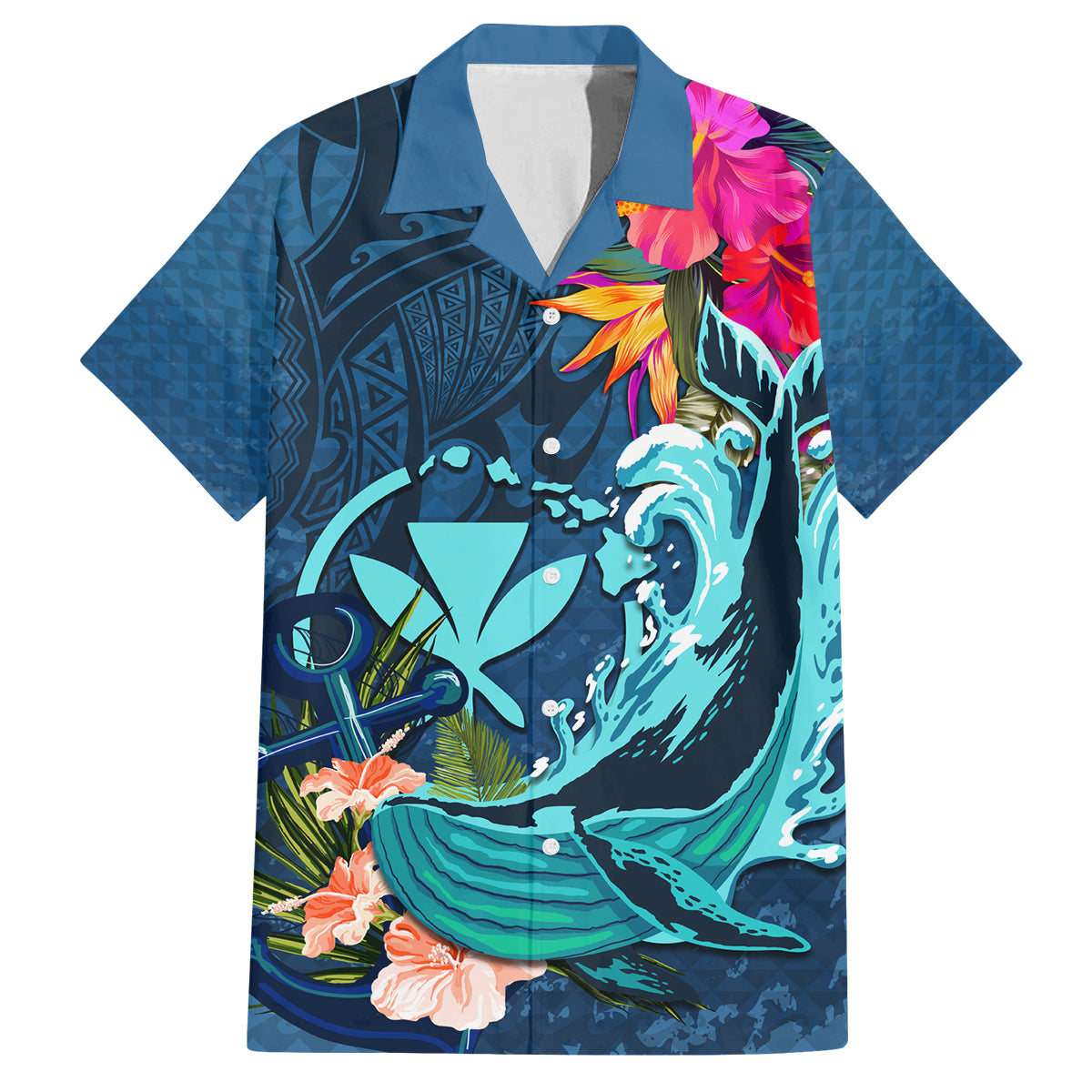 Hawaii Family Matching Puletasi and Hawaiian Shirt Whale Mix Hibiscus and Kanaka Maoli Blue Version LT03 Dad's Shirt - Short Sleeve Blue - Polynesian Pride