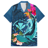 Hawaii Family Matching Tank Maxi Dress and Hawaiian Shirt Whale Mix Hibiscus and Kanaka Maoli Blue Version LT03 Dad's Shirt - Short Sleeve Blue - Polynesian Pride