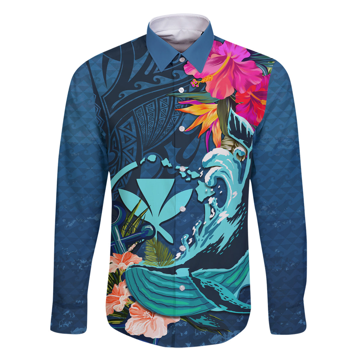Hawaii Family Matching Tank Maxi Dress and Hawaiian Shirt Whale Mix Hibiscus and Kanaka Maoli Blue Version LT03 Dad's Shirt - Long Sleeve Blue - Polynesian Pride