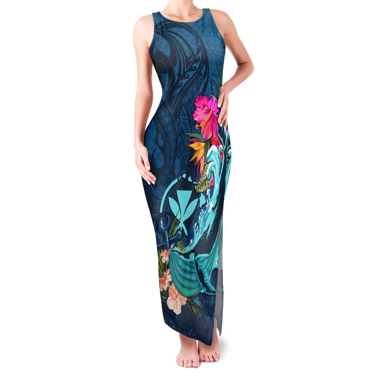 Hawaii Family Matching Tank Maxi Dress and Hawaiian Shirt Whale Mix Hibiscus and Kanaka Maoli Blue Version LT03 Mom's Dress Blue - Polynesian Pride
