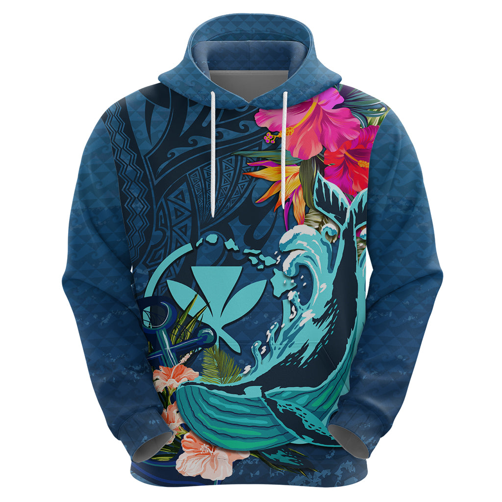 Hawaii Hoodie Whale Mix Hibiscus and Kanaka Maoli Blue Version LT03 - Polynesian Pride