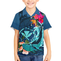 Hawaii Kid Hawaiian Shirt Whale Mix Hibiscus and Kanaka Maoli Blue Version LT03 Kid Blue - Polynesian Pride