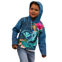Hawaii Kid Hoodie Whale Mix Hibiscus and Kanaka Maoli Blue Version LT03 - Polynesian Pride