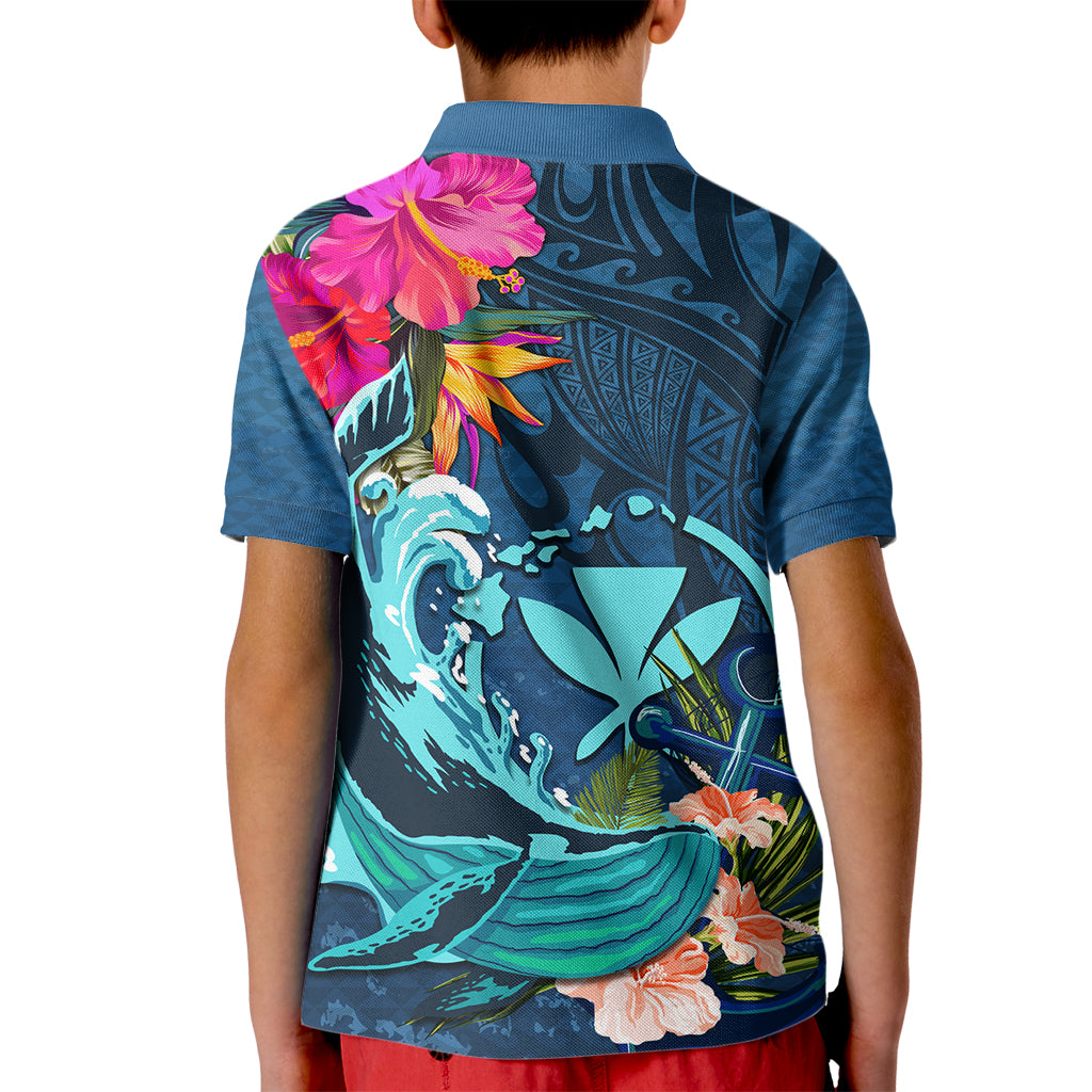 Hawaii Kid Polo Shirt Whale Mix Hibiscus and Kanaka Maoli Blue Version LT03 - Polynesian Pride