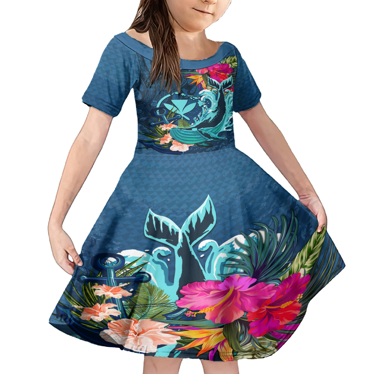 Hawaii Kid Short Sleeve Dress Whale Mix Hibiscus and Kanaka Maoli Blue Version LT03 KID Blue - Polynesian Pride