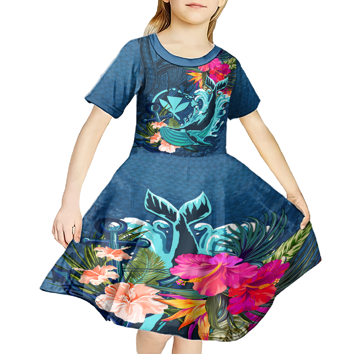 Hawaii Kid Short Sleeve Dress Whale Mix Hibiscus and Kanaka Maoli Blue Version LT03 - Polynesian Pride