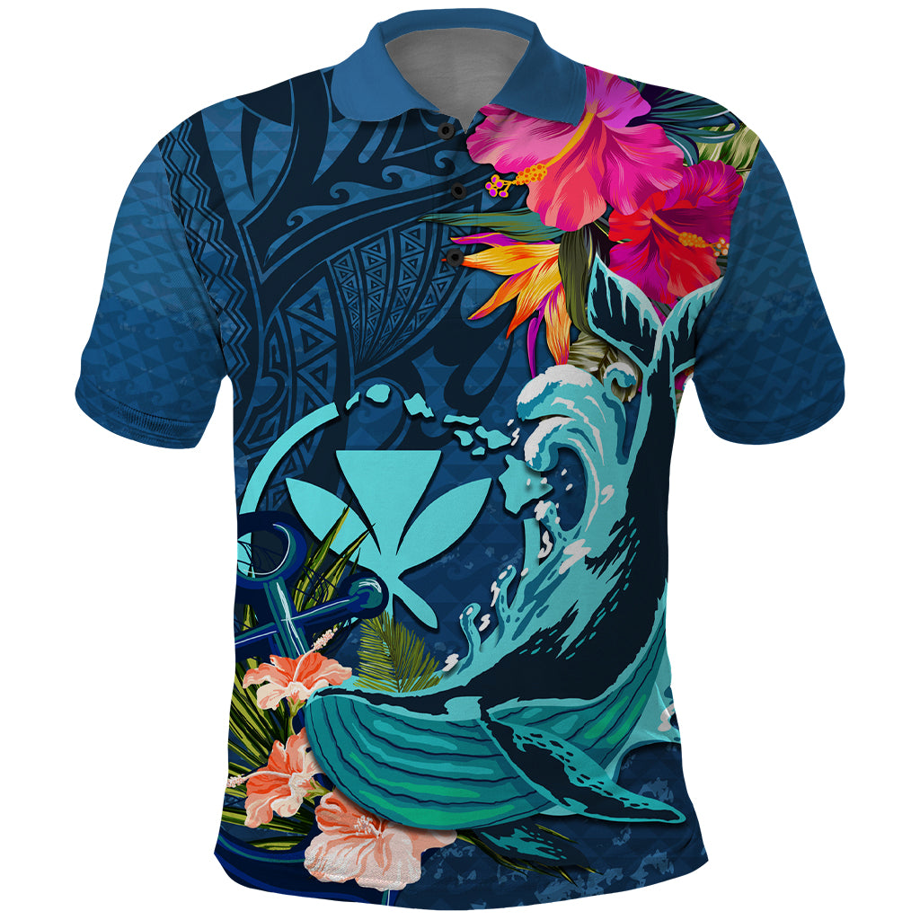 Hawaii Polo Shirt Whale Mix Hibiscus and Kanaka Maoli Blue Version LT03 Blue - Polynesian Pride
