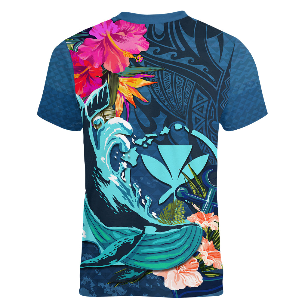 Hawaii Women V Neck T Shirt Whale Mix Hibiscus and Kanaka Maoli Blue Version LT03 - Polynesian Pride