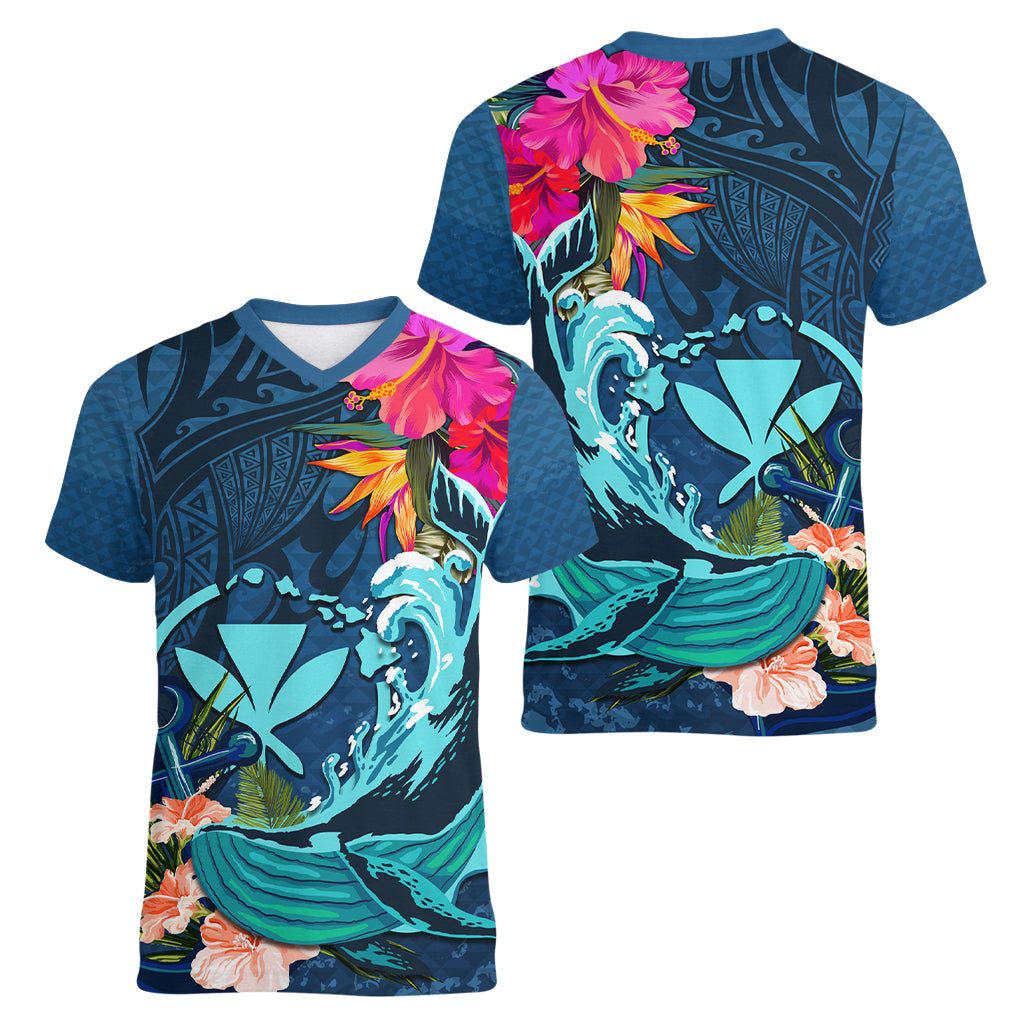 Hawaii Women V Neck T Shirt Whale Mix Hibiscus and Kanaka Maoli Blue Version LT03 - Polynesian Pride
