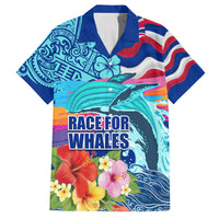 Hawaii Race For Whales Family Matching Summer Maxi Dress and Hawaiian Shirt Flag and Polynesian Hibiscus LT03 Dad's Shirt - Short Sleeve Blue - Polynesian Pride