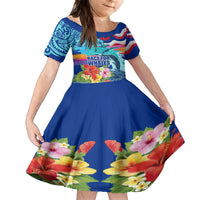 Hawaii Race For Whales Family Matching Tank Maxi Dress and Hawaiian Shirt Flag and Polynesian Hibiscus LT03 Daughter's Dress Blue - Polynesian Pride