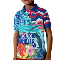 Hawaii Race For Whales Kid Polo Shirt Flag and Polynesian Hibiscus LT03 Kid Blue - Polynesian Pride
