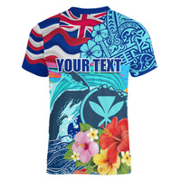 Hawaii Race For Whales Women V Neck T Shirt Flag and Polynesian Hibiscus LT03 - Polynesian Pride