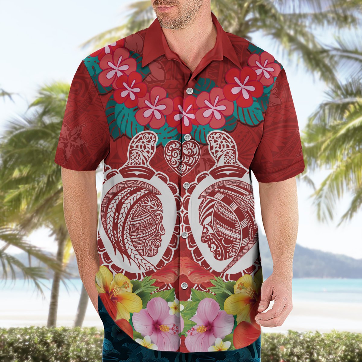 Polynesian Valentine Day Hawaiian Shirt Love Couple Turtle Maori Hibiscus Red Style LT03 - Polynesian Pride