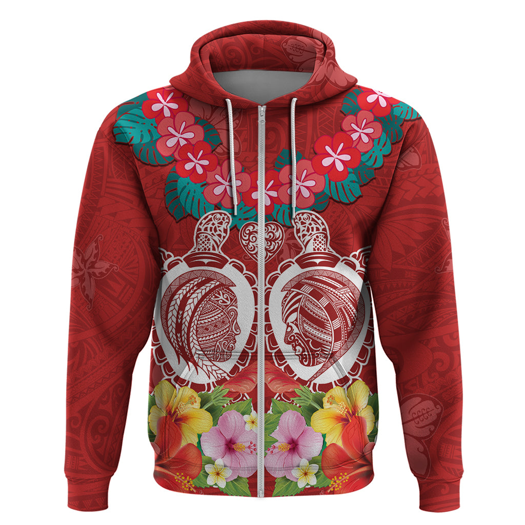 Polynesian Valentine Day Hoodie Love Couple Turtle Maori Hibiscus Red Style LT03 Zip Hoodie Red - Polynesian Pride