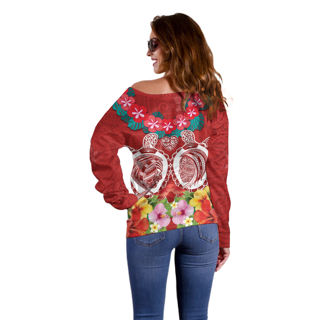 Polynesian Valentine Day Off Shoulder Sweater Love Couple Turtle Maori Hibiscus Red Style LT03 - Polynesian Pride