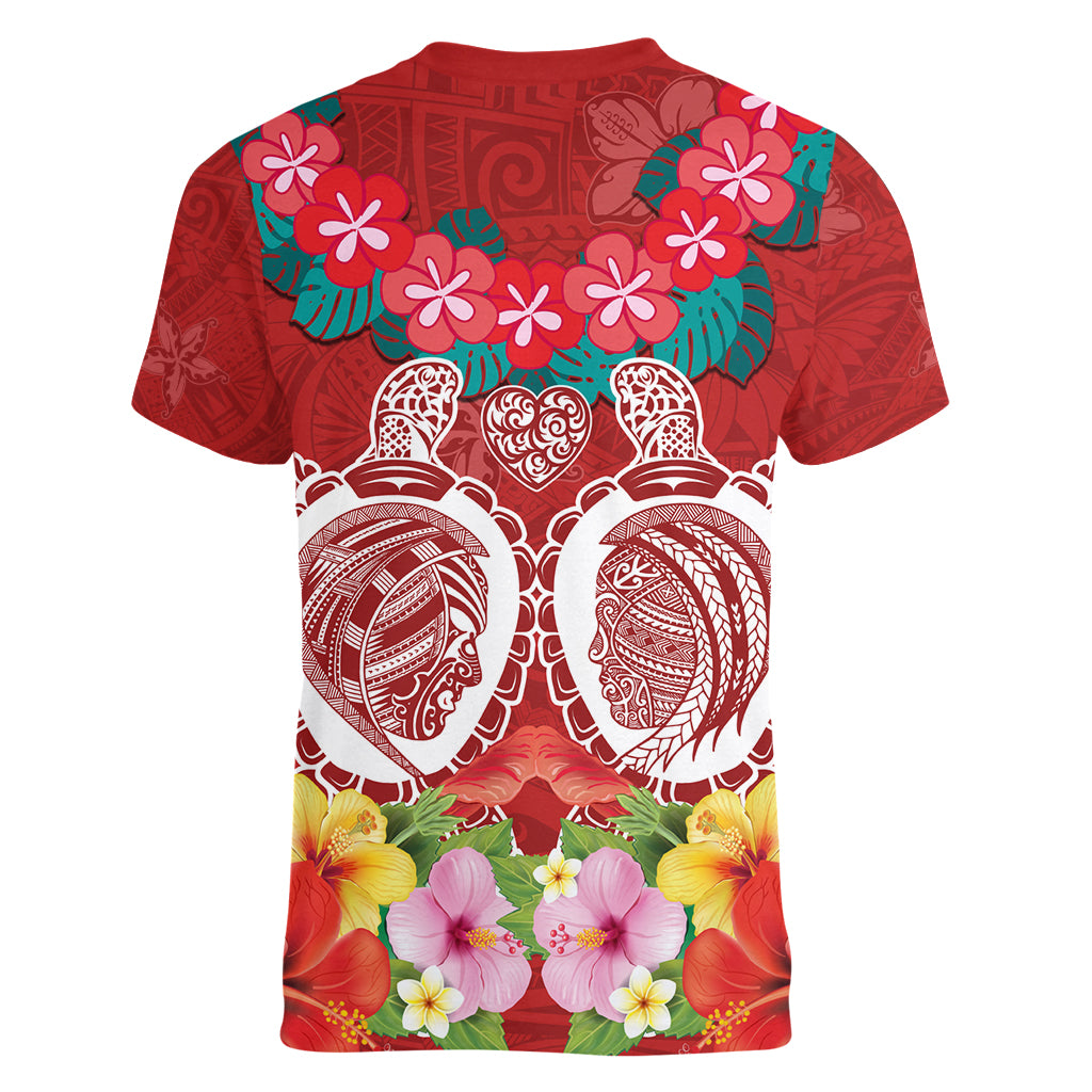 Polynesian Valentine Day Women V Neck T Shirt Love Couple Turtle Maori Hibiscus Red Style LT03 - Polynesian Pride
