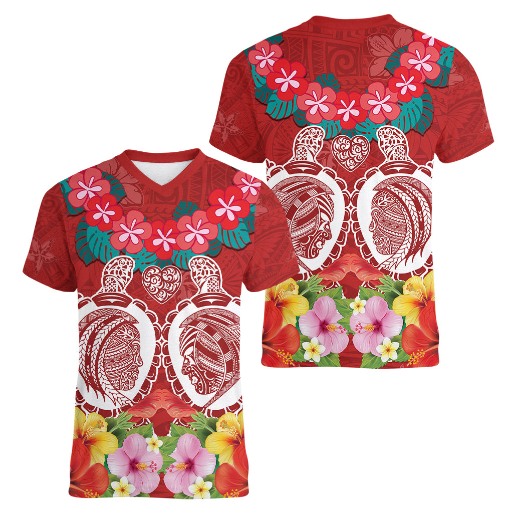 Polynesian Valentine Day Women V Neck T Shirt Love Couple Turtle Maori Hibiscus Red Style LT03 - Polynesian Pride