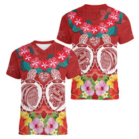 Polynesian Valentine Day Women V Neck T Shirt Love Couple Turtle Maori Hibiscus Red Style LT03 - Polynesian Pride