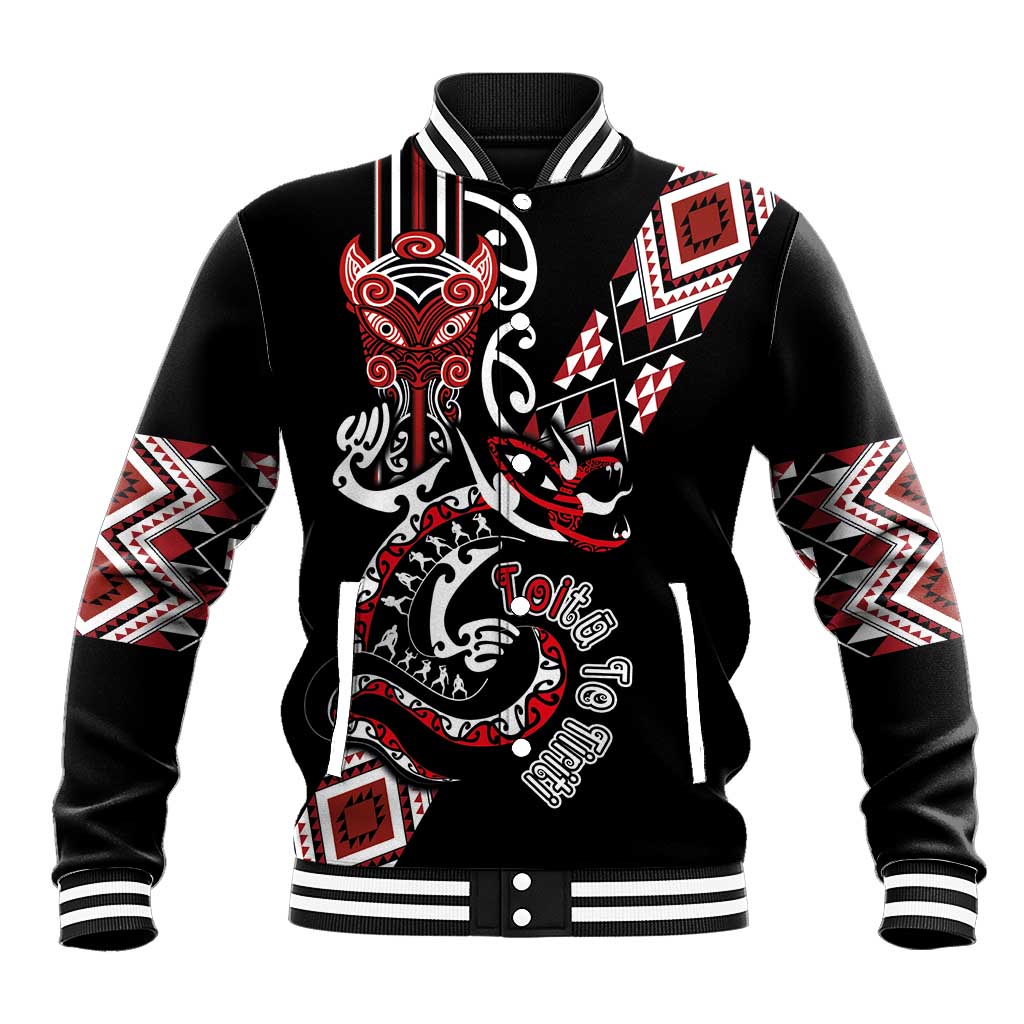 Aotearoa Toitu Te Tiriti-Honour the Treaty Baseball Jacket Maori Taniwha Haka with Taniko and Tukutuku