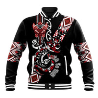 Aotearoa Toitu Te Tiriti-Honour the Treaty Baseball Jacket Maori Taniwha Haka with Taniko and Tukutuku LT03 Unisex Black - Polynesian Pride