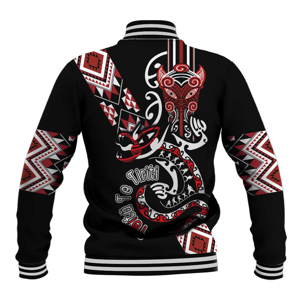 Aotearoa Toitu Te Tiriti-Honour the Treaty Baseball Jacket Maori Taniwha Haka with Taniko and Tukutuku LT03 - Polynesian Pride
