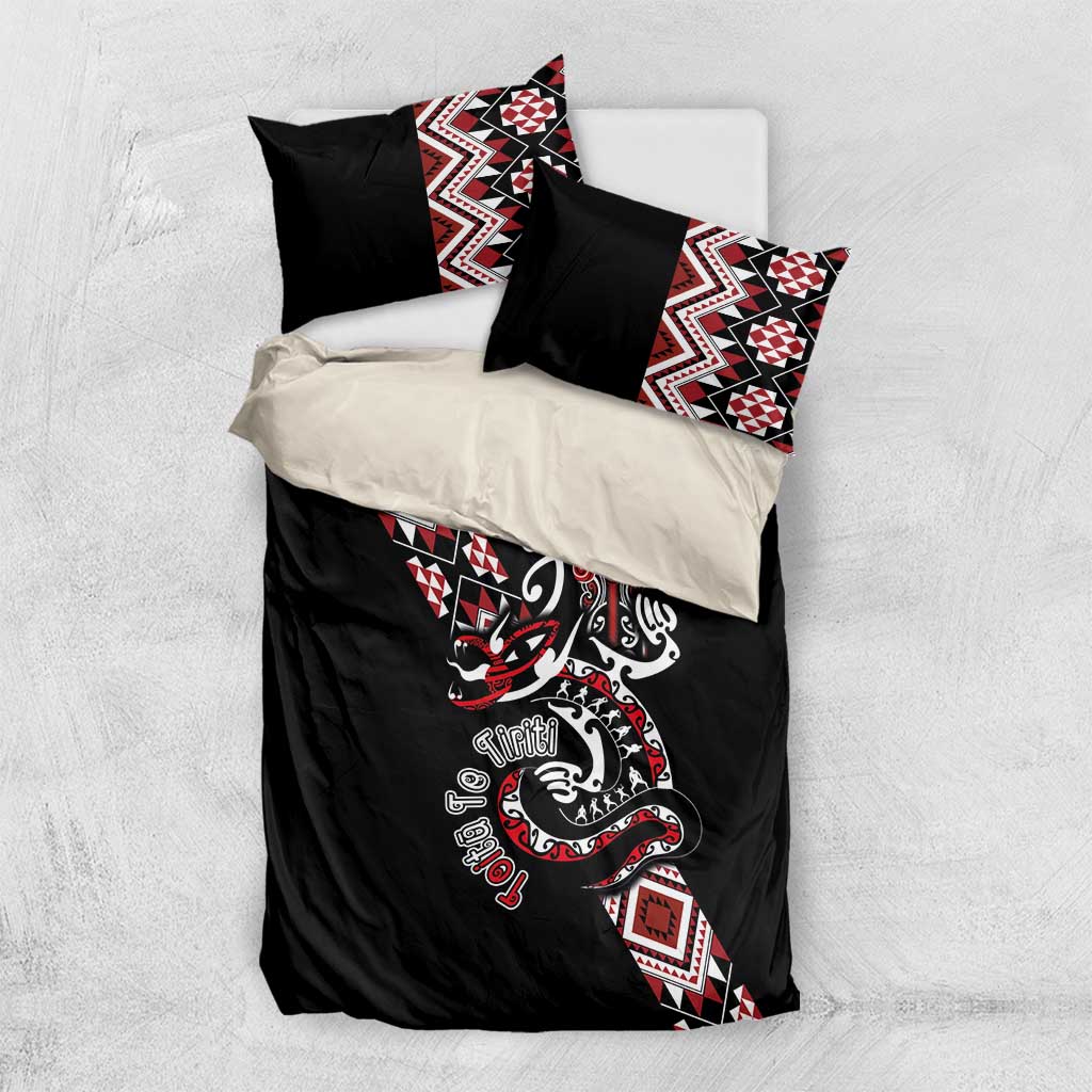 Aotearoa Toitu Te Tiriti-Honour the Treaty Bedding Set Maori Taniwha Haka with Taniko and Tukutuku LT03 US Twin 172cm x 218cm Black - Polynesian Pride