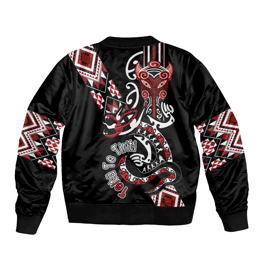 Aotearoa Toitu Te Tiriti-Honour the Treaty Bomber Jacket Maori Taniwha Haka with Taniko and Tukutuku LT03 - Polynesian Pride