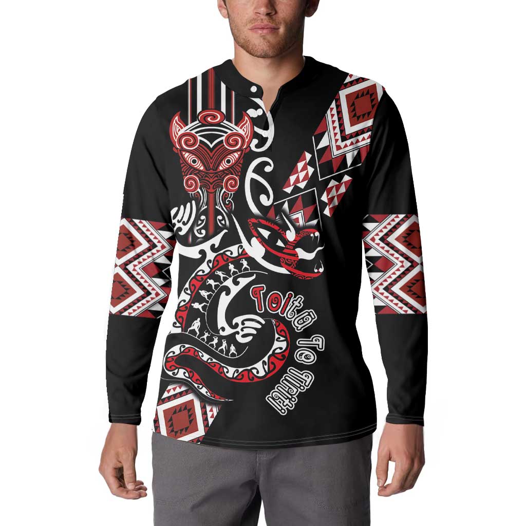 Aotearoa Toitu Te Tiriti-Honour the Treaty Button Sweatshirt Maori Taniwha Haka with Taniko and Tukutuku