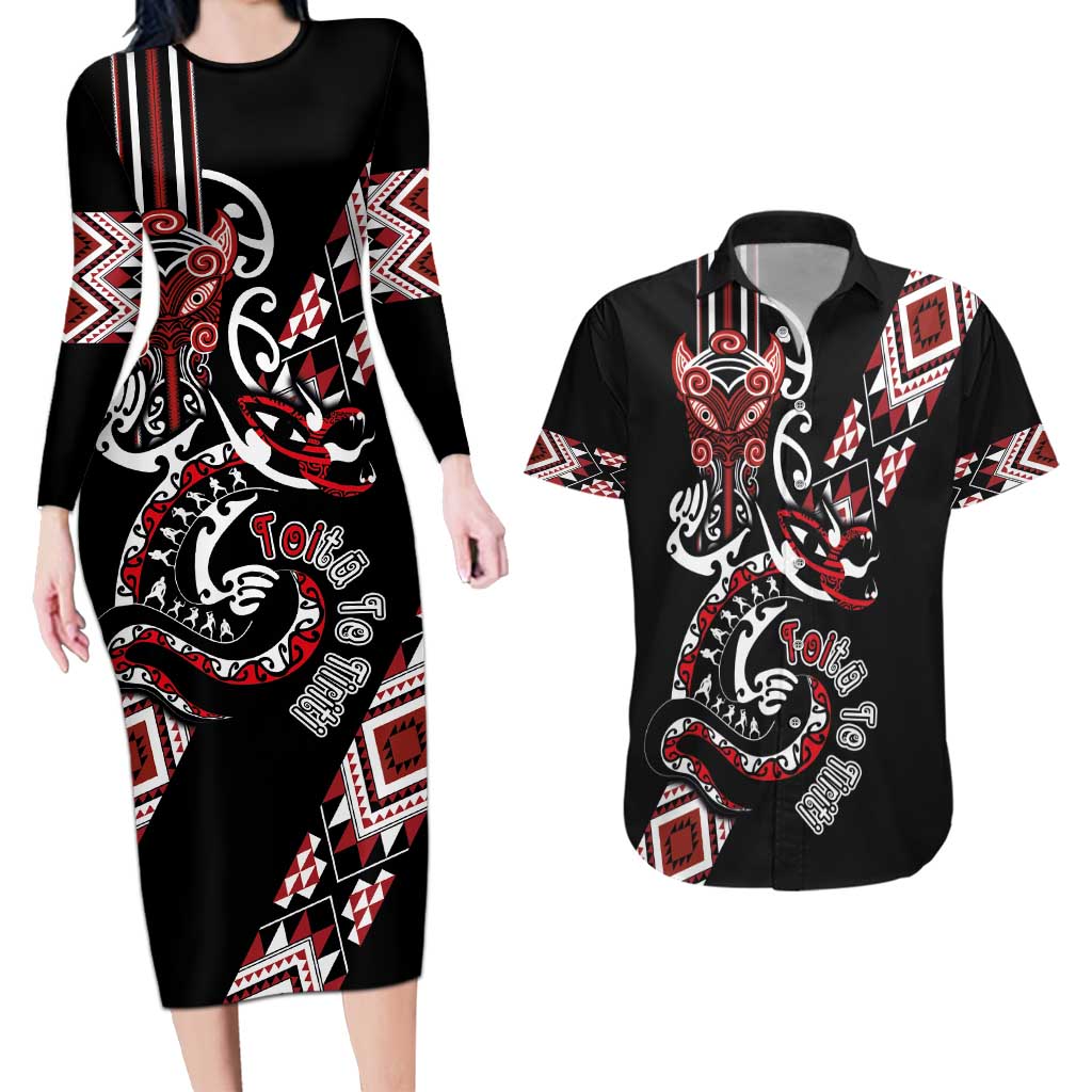 Aotearoa Toitu Te Tiriti-Honour the Treaty Couples Matching Long Sleeve Bodycon Dress and Hawaiian Shirt Maori Taniwha Haka with Taniko and Tukutuku LT03 Black - Polynesian Pride