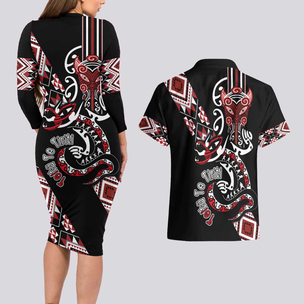 Aotearoa Toitu Te Tiriti-Honour the Treaty Couples Matching Long Sleeve Bodycon Dress and Hawaiian Shirt Maori Taniwha Haka with Taniko and Tukutuku LT03 - Polynesian Pride