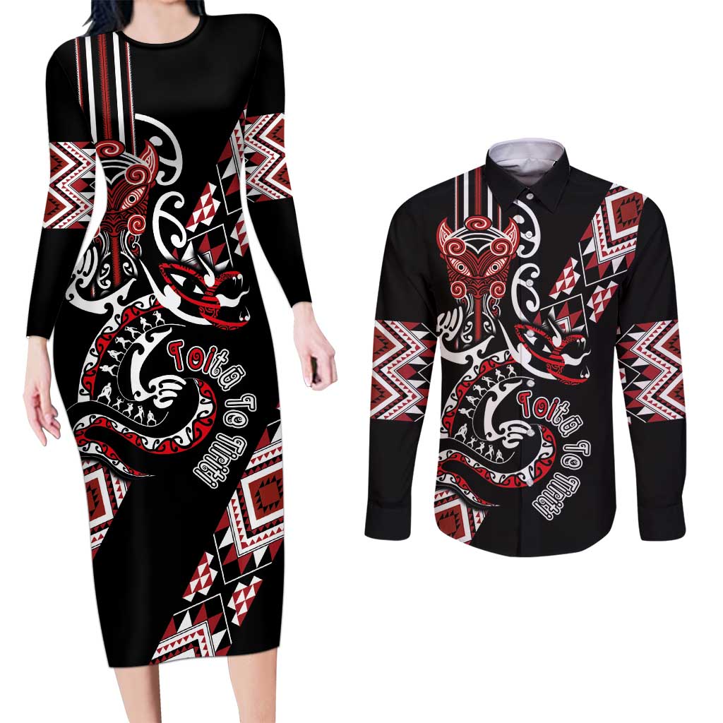 Aotearoa Toitu Te Tiriti-Honour the Treaty Couples Matching Long Sleeve Bodycon Dress and Long Sleeve Button Shirt Maori Taniwha Haka with Taniko and Tukutuku LT03 Black - Polynesian Pride