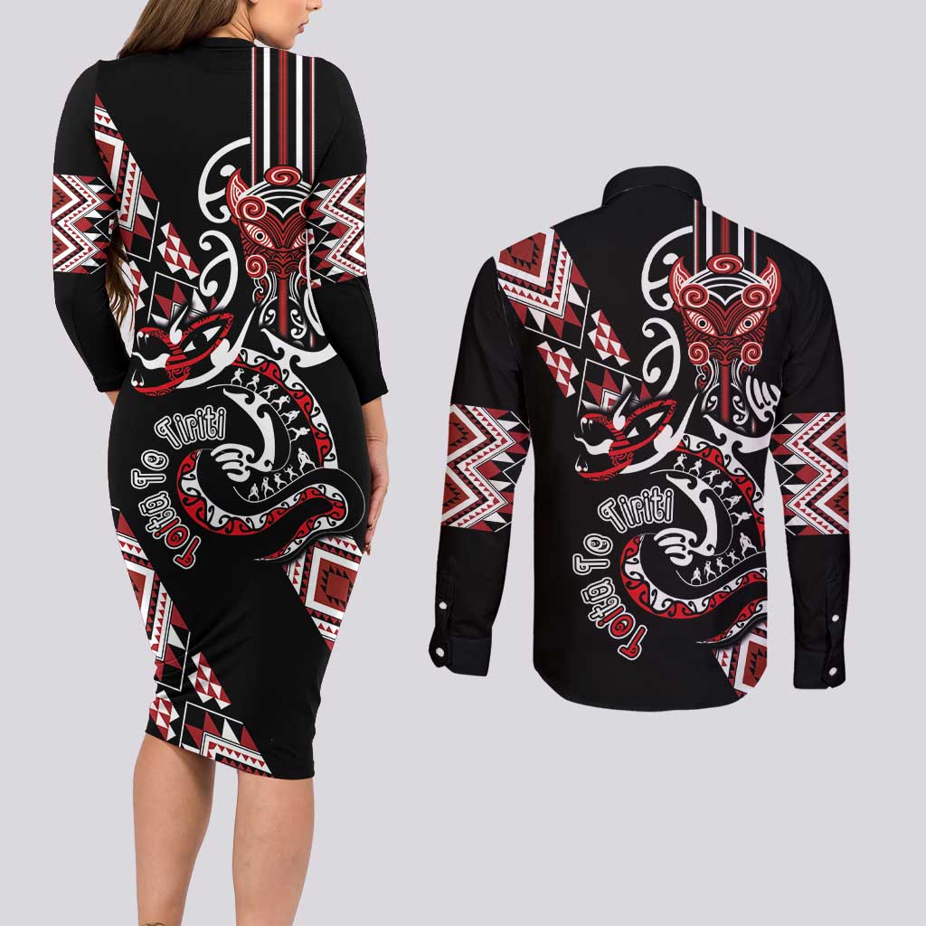 Aotearoa Toitu Te Tiriti-Honour the Treaty Couples Matching Long Sleeve Bodycon Dress and Long Sleeve Button Shirt Maori Taniwha Haka with Taniko and Tukutuku LT03 - Polynesian Pride