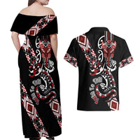 Aotearoa Toitu Te Tiriti-Honour the Treaty Couples Matching Off Shoulder Maxi Dress and Hawaiian Shirt Maori Taniwha Haka with Taniko and Tukutuku LT03 - Polynesian Pride