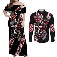 Aotearoa Toitu Te Tiriti-Honour the Treaty Couples Matching Off Shoulder Maxi Dress and Long Sleeve Button Shirt Maori Taniwha Haka with Taniko and Tukutuku LT03 Black - Polynesian Pride