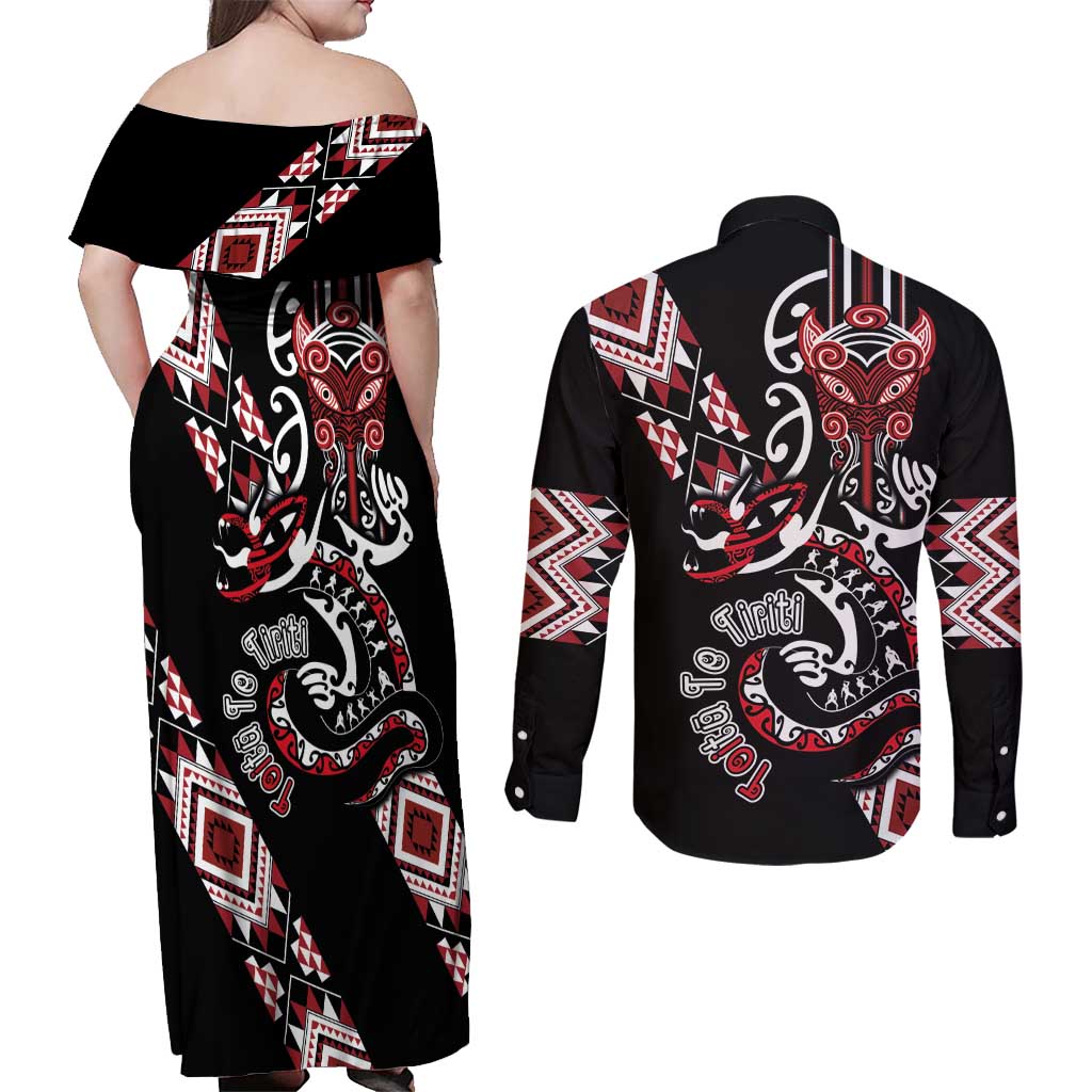 Aotearoa Toitu Te Tiriti-Honour the Treaty Couples Matching Off Shoulder Maxi Dress and Long Sleeve Button Shirt Maori Taniwha Haka with Taniko and Tukutuku LT03 - Polynesian Pride