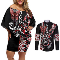 Aotearoa Toitu Te Tiriti-Honour the Treaty Couples Matching Off Shoulder Short Dress and Long Sleeve Button Shirt Maori Taniwha Haka with Taniko and Tukutuku LT03 Black - Polynesian Pride