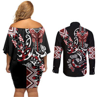 Aotearoa Toitu Te Tiriti-Honour the Treaty Couples Matching Off Shoulder Short Dress and Long Sleeve Button Shirt Maori Taniwha Haka with Taniko and Tukutuku LT03 - Polynesian Pride