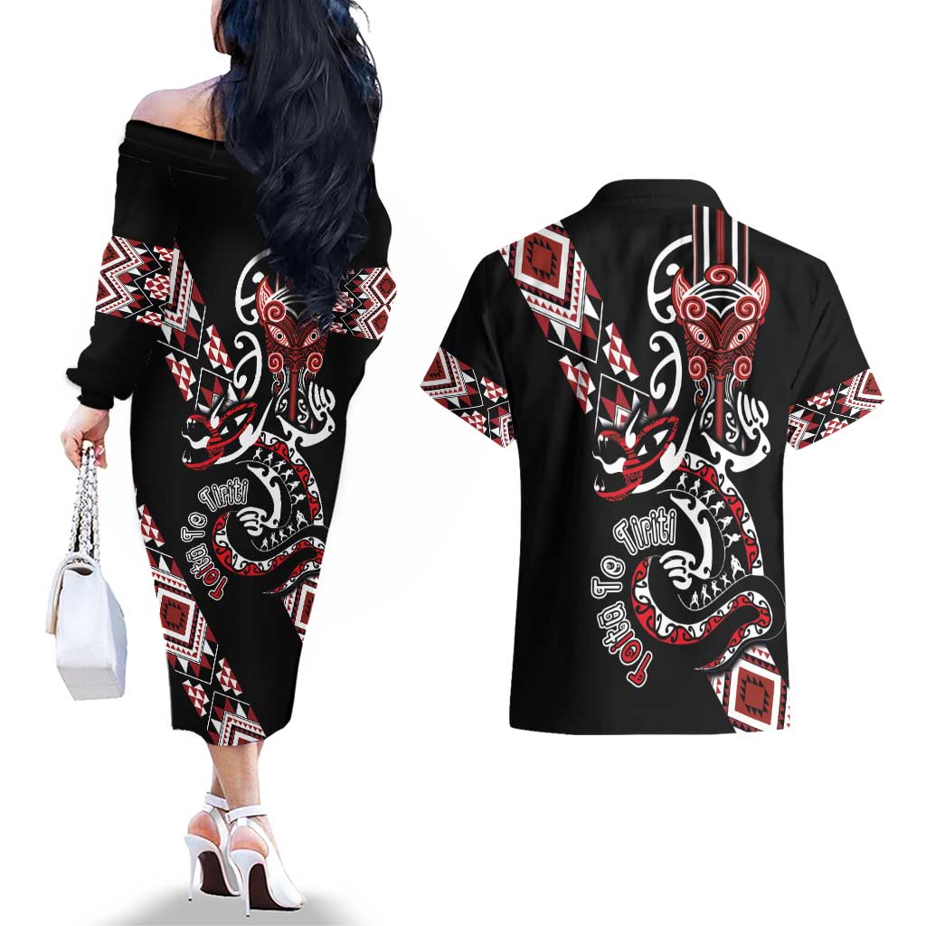 Aotearoa Toitu Te Tiriti-Honour the Treaty Couples Matching Off The Shoulder Long Sleeve Dress and Hawaiian Shirt Maori Taniwha Haka with Taniko and Tukutuku LT03 - Polynesian Pride