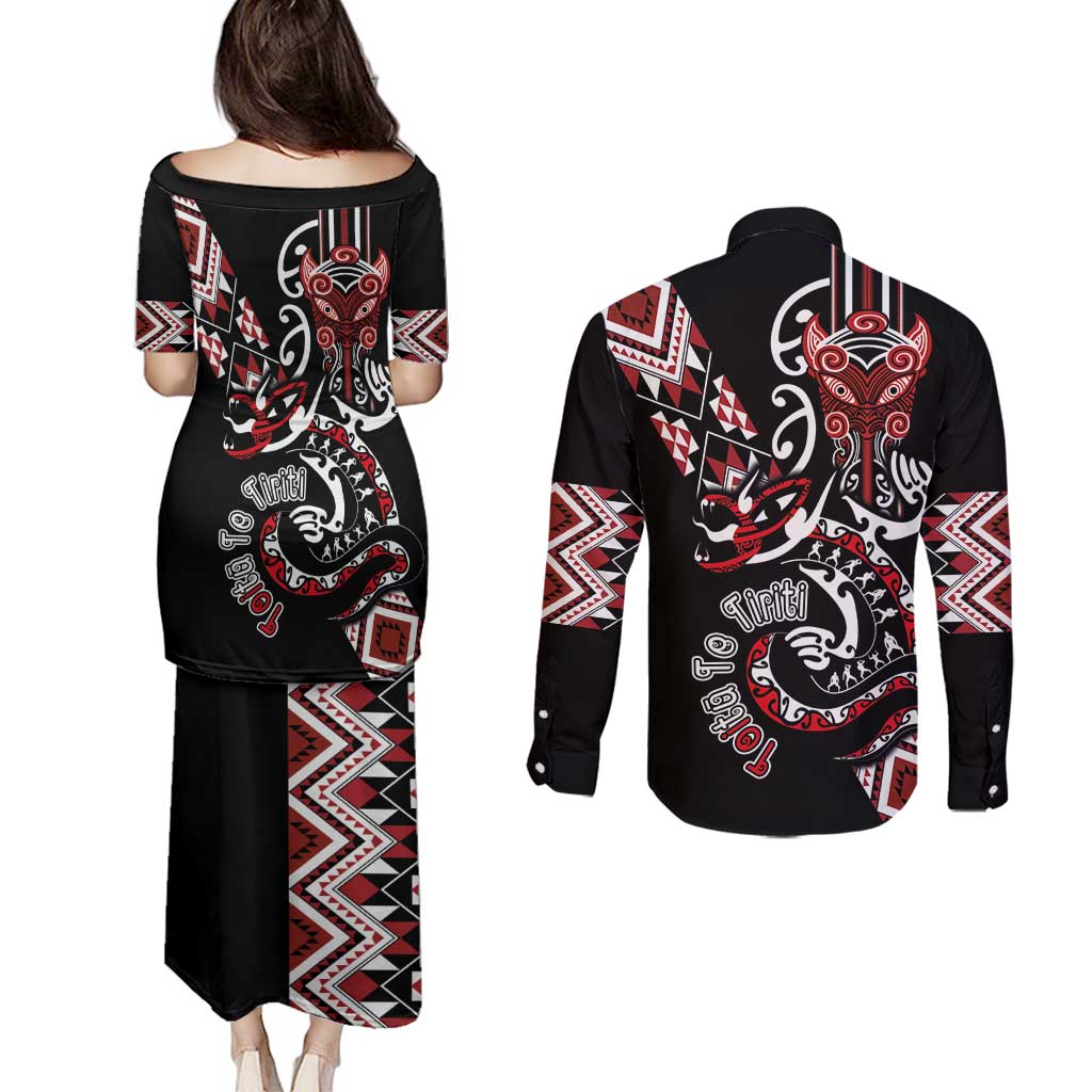 Aotearoa Toitu Te Tiriti-Honour the Treaty Couples Matching Puletasi and Long Sleeve Button Shirt Maori Taniwha Haka with Taniko and Tukutuku LT03 - Polynesian Pride