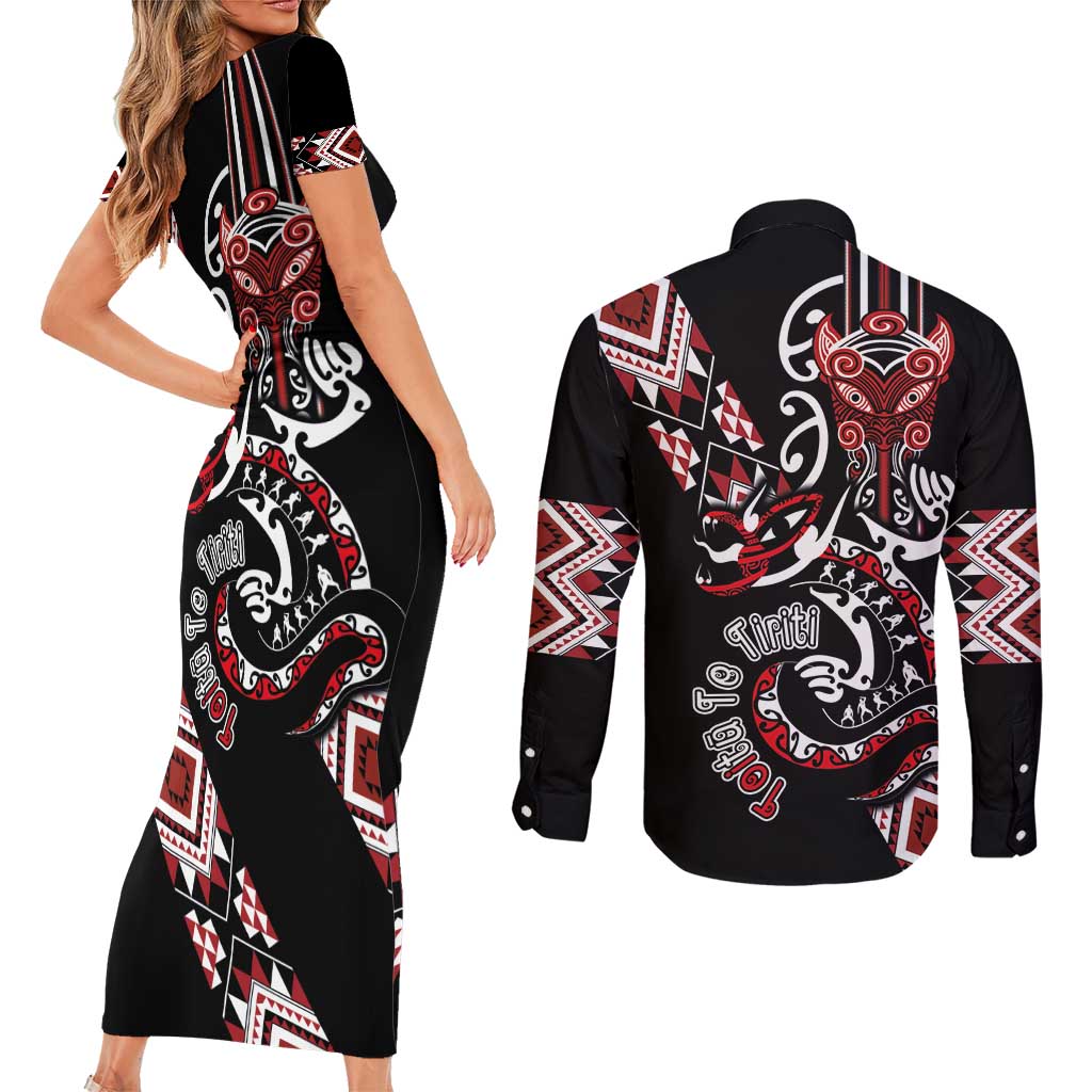 Aotearoa Toitu Te Tiriti-Honour the Treaty Couples Matching Short Sleeve Bodycon Dress and Long Sleeve Button Shirt Maori Taniwha Haka with Taniko and Tukutuku LT03 - Polynesian Pride