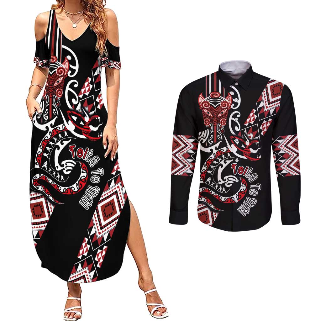 Aotearoa Toitu Te Tiriti-Honour the Treaty Couples Matching Summer Maxi Dress and Long Sleeve Button Shirt Maori Taniwha Haka with Taniko and Tukutuku LT03 Black - Polynesian Pride