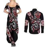 Aotearoa Toitu Te Tiriti-Honour the Treaty Couples Matching Summer Maxi Dress and Long Sleeve Button Shirt Maori Taniwha Haka with Taniko and Tukutuku LT03 - Polynesian Pride
