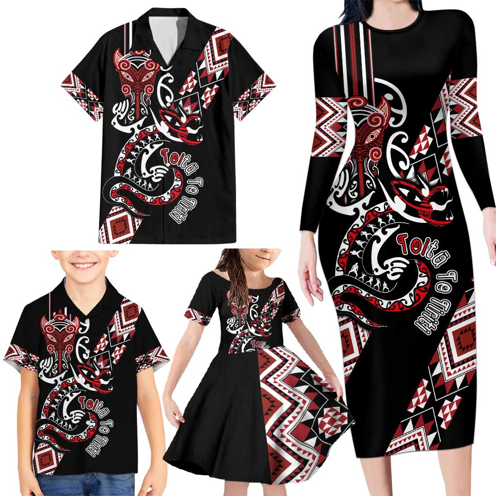 Aotearoa Toitu Te Tiriti-Honour the Treaty Family Matching Long Sleeve Bodycon Dress and Hawaiian Shirt Maori Taniwha Haka with Taniko and Tukutuku LT03 - Polynesian Pride