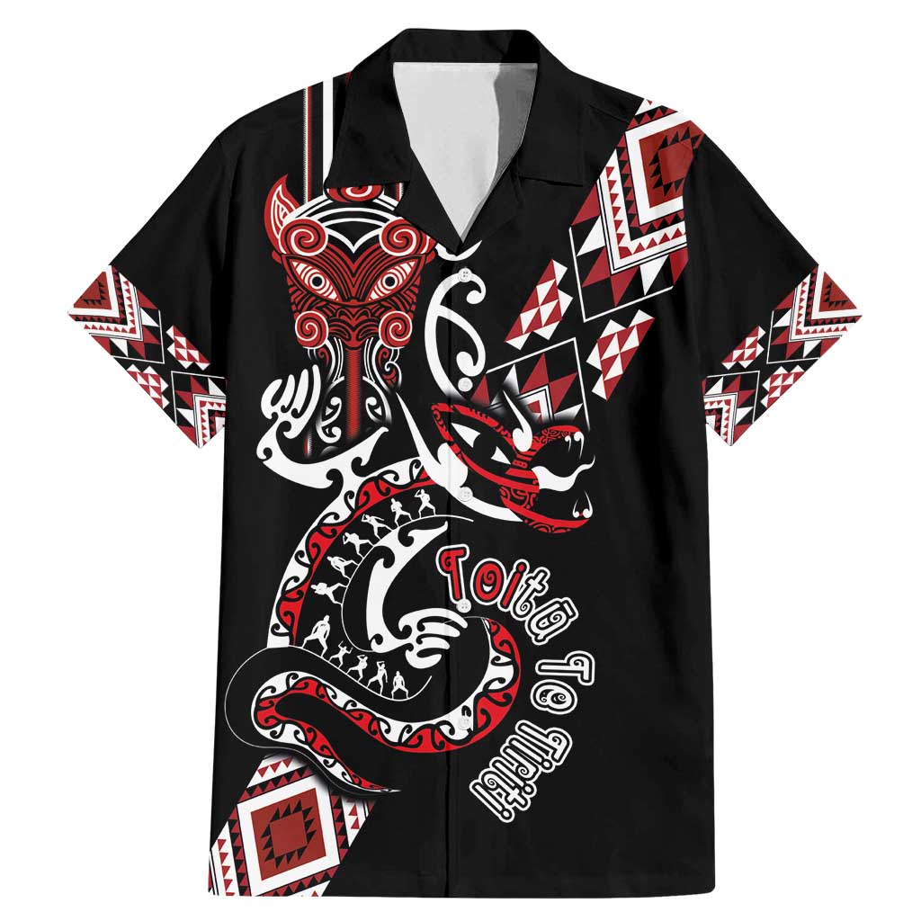 Aotearoa Toitu Te Tiriti-Honour the Treaty Family Matching Mermaid Dress and Hawaiian Shirt Maori Taniwha Haka with Taniko and Tukutuku LT03 Dad's Shirt - Short Sleeve Black - Polynesian Pride